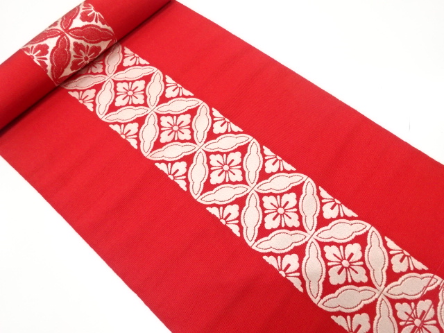 JAPANESE KIMONO / ANTIQUE BOLT FOR HASSUN OBI / SILK / CHIKUZEN HAKATA / WOVEN FLORAL SHIPPO PATTERN